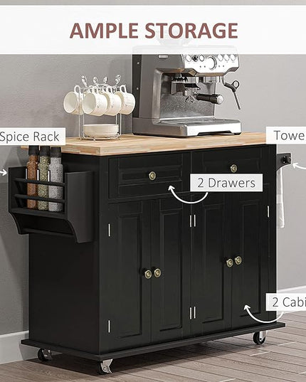 HOMCOM Kitchen Island on Wheels, Rolling Cart with Rubberwood Top, Spice Rack, Towel Rack and Drawers for Dining Room, Black - LeafyLoom