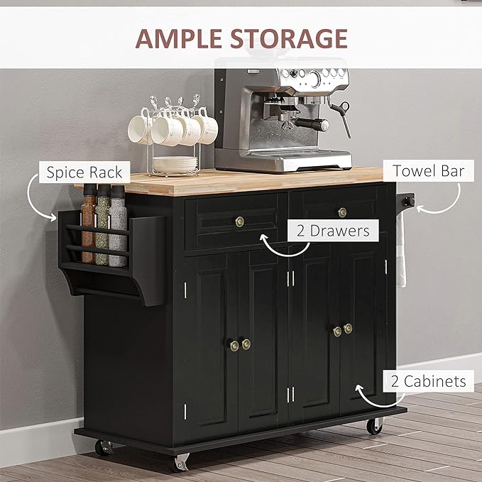 HOMCOM Kitchen Island on Wheels, Rolling Cart with Rubberwood Top, Spice Rack, Towel Rack and Drawers for Dining Room, Black - LeafyLoom