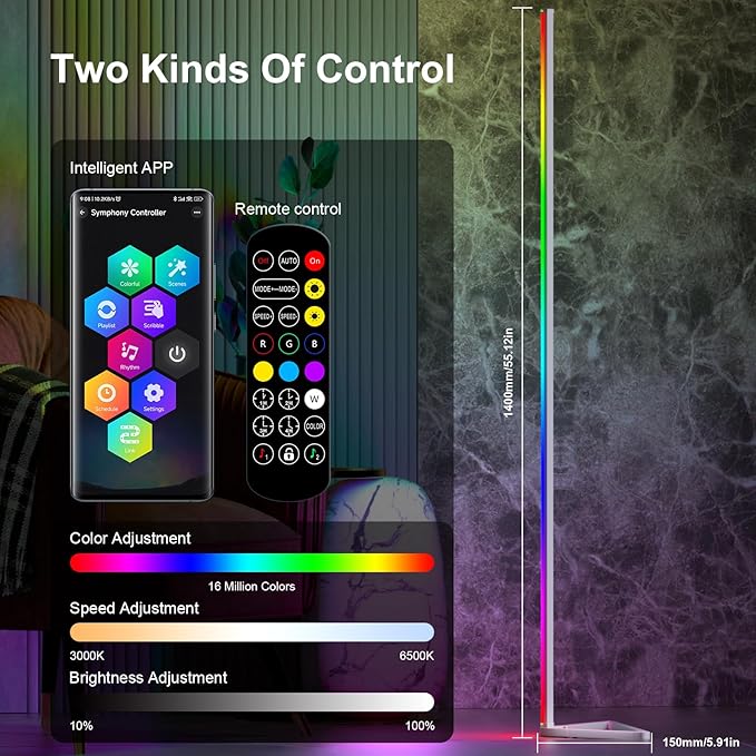 MIHEAL Corner Floor Lamp - Smart RGB LED Corner Lamp with App and Remote Control, 16 Million Colors & 68+ Scene, Music Sync, Timer Setting -for Living Rooms, Bedrooms, and Gaming Rooms - LeafyLoom