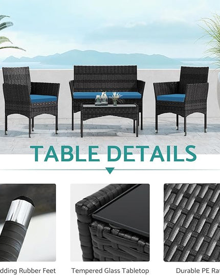 Patio Furniture, 4 Piece Conversation Set, Outdoor Wicker Rattan Table and Chairs, Sectional Sofa with Thick Cushion for Garden, Yard, or Porch, Black - LeafyLoom