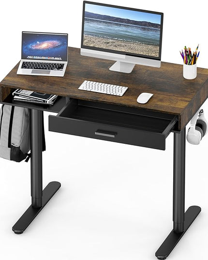 SHW Claire 40 Inch Height Adjustable Electric Standing Desk with Storage Space and Drawer, Rustic Brown - LeafyLoom