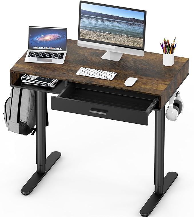 SHW Claire 40 Inch Height Adjustable Electric Standing Desk with Storage Space and Drawer, Rustic Brown - LeafyLoom
