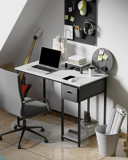 Pamray 39 Inch Computer Desk with Monitor Stand Small Home Office Desks with Non-woven Storage Drawer for Bedroom Study Table Writing and Work Desk White Marble - LeafyLoom