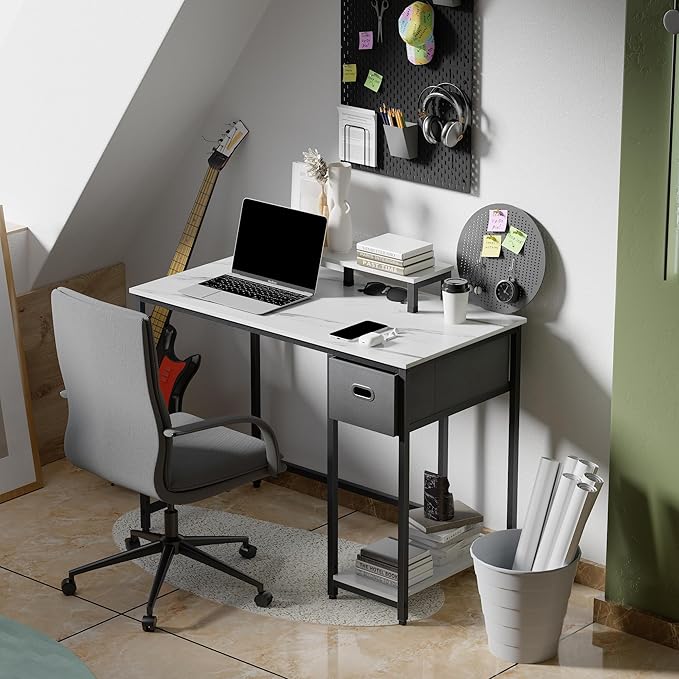 Pamray 39 Inch Computer Desk with Monitor Stand Small Home Office Desks with Non-woven Storage Drawer for Bedroom Study Table Writing and Work Desk White Marble - LeafyLoom