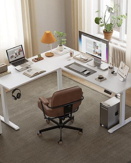 L Shaped Standing Desk Adjustable Height, Electric Corner Standing Desk, 63 x 55 inch Sit Stand Computer Table with Splice Board, White - LeafyLoom