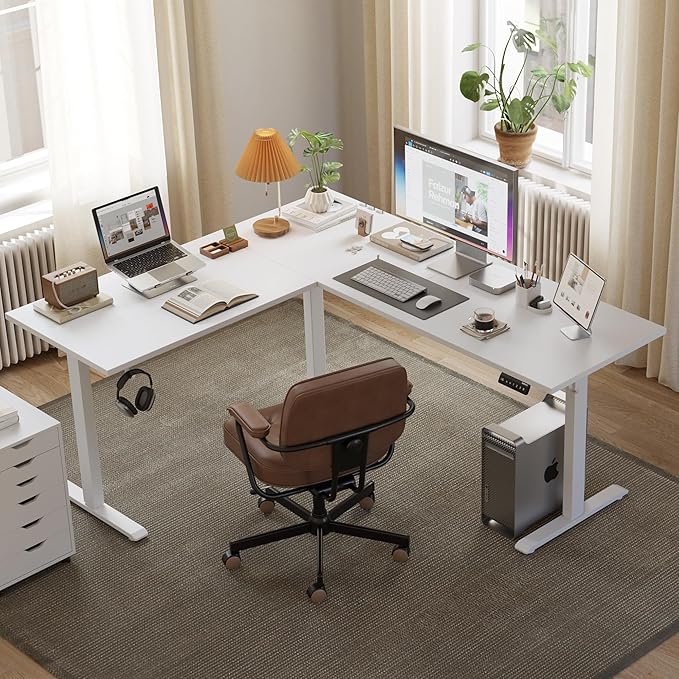 L Shaped Standing Desk Adjustable Height, Electric Corner Standing Desk, 63 x 55 inch Sit Stand Computer Table with Splice Board, White - LeafyLoom