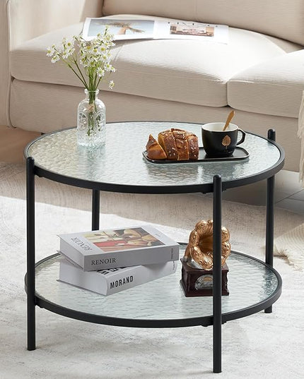 VINGLI 25.6" Small Matte Black Round Coffee Table Water-wave Glass Circle Clear Coffee Table, Center Table with 2-Tier Modern Storage Design for Living Room, Bedroom, Meeting Room, Balcony, Patio - LeafyLoom