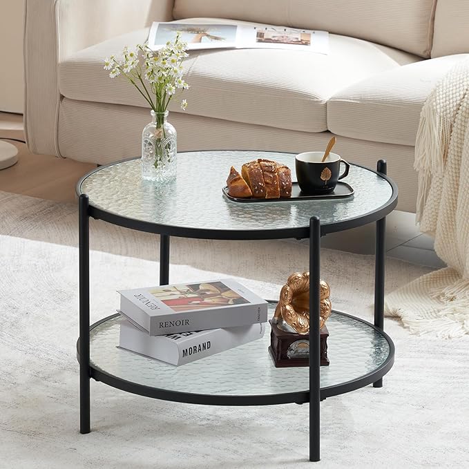 VINGLI 25.6" Small Matte Black Round Coffee Table Water-wave Glass Circle Clear Coffee Table, Center Table with 2-Tier Modern Storage Design for Living Room, Bedroom, Meeting Room, Balcony, Patio - LeafyLoom