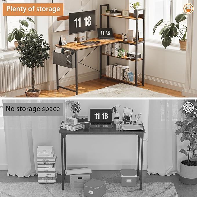 Treesland 55 Inch Computer Desk with Storage Shelves, L Shaped Desk with Storage, Corner Desk with Storage, Home Office Desks, Bookshelf Desk, Writing Study Desk for Bedroom, Brown - LeafyLoom