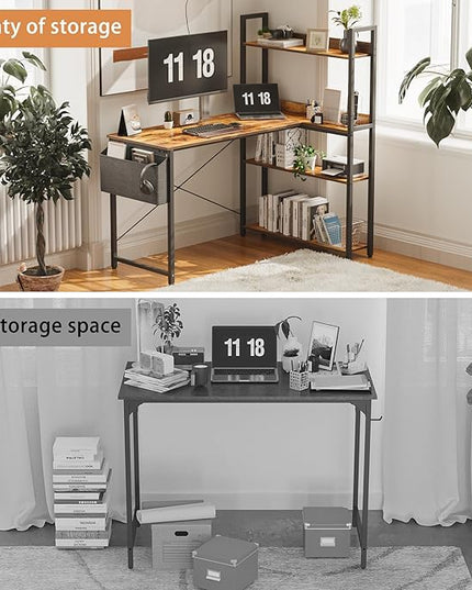 Treesland 47 Inch Computer Desk with Bookshelf, Corner Desk with Storage, L Shaped Desk, Home Office Desks, Writing Study Desk for Bedroom, Brown - LeafyLoom