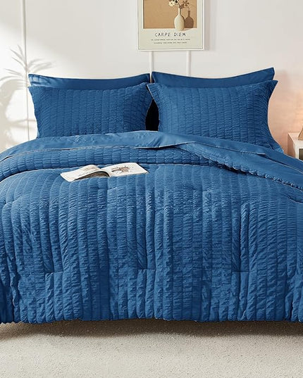 HYMOKEGE Seersucker Queen Comforter Set 3 Pieces, Lightweight Comforter Sets for Bedding, Bed Set with 1 All Season Soft Down Alternative Comforter and 2 Pillow Shams, Teal - LeafyLoom