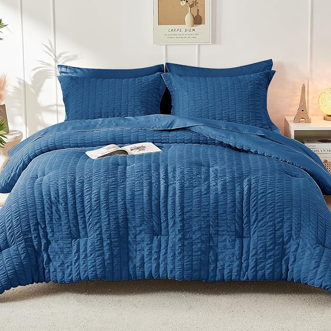 HYMOKEGE Seersucker Queen Comforter Set 3 Pieces, Lightweight Comforter Sets for Bedding, Bed Set with 1 All Season Soft Down Alternative Comforter and 2 Pillow Shams, Teal - LeafyLoom