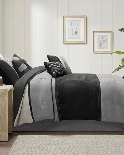 Madison Park Palisades Comforter Set Modern Faux Suede Pieced Stripe Design, All Season Down Alternative Cozy Bedding with Matching Shams, Decorative Pillows, Queen(90"x90"), Black 7 Piece - LeafyLoom