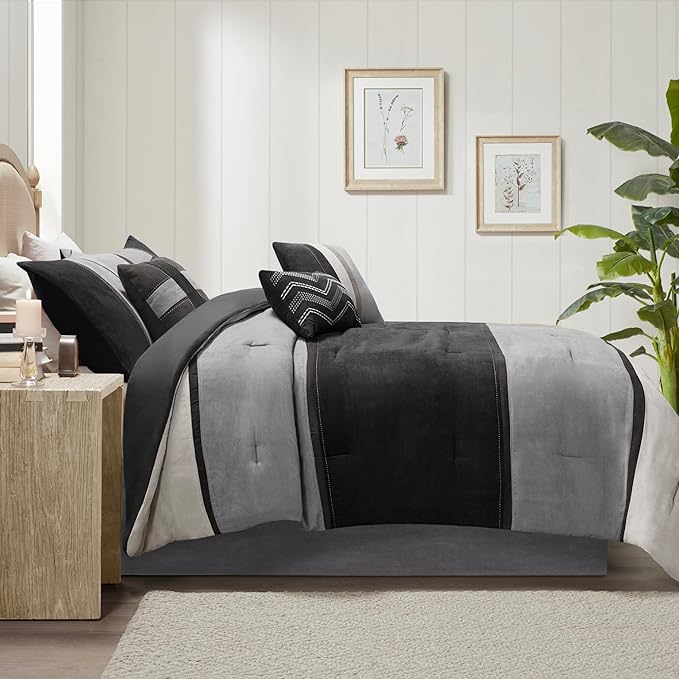 Madison Park Palisades Comforter Set Modern Faux Suede Pieced Stripe Design, All Season Down Alternative Cozy Bedding with Matching Shams, Decorative Pillows, Queen(90"x90"), Black 7 Piece - LeafyLoom