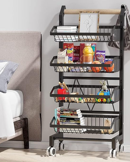 COVAODQ Snack Cart with Wheels 4-Tier Adjustable Fruit Rack Fruit Vegetable Basket Cart Metal Wire Storage Cart Rolling Pantry Utility Kitchen Cart - LeafyLoom