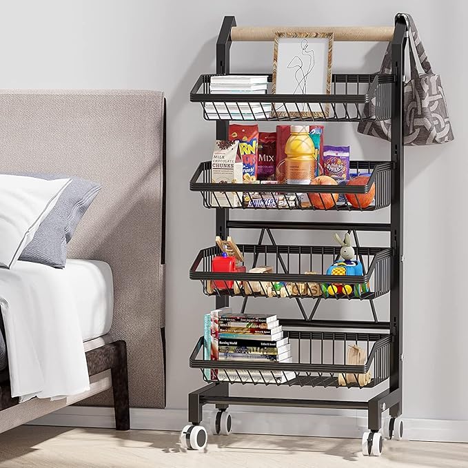 COVAODQ Snack Cart with Wheels 4-Tier Adjustable Fruit Rack Fruit Vegetable Basket Cart Metal Wire Storage Cart Rolling Pantry Utility Kitchen Cart - LeafyLoom
