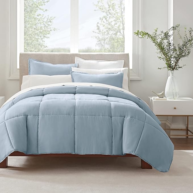 SERTA Simply Clean Ultra Soft Hypoallergenic Solid 3 Piece Comforter Set, King, Light Blue - LeafyLoom