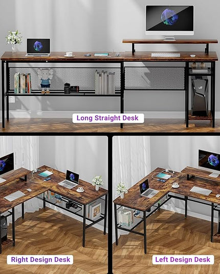 L Shaped Computer Desk, Reversible Office Desk with Magic Power Outlet and Smart LED Light, Sturdy Corner Desk with Monitor Stand, Cool Gaming Table, Attractive Grid Design, Rustic Brown - LeafyLoom