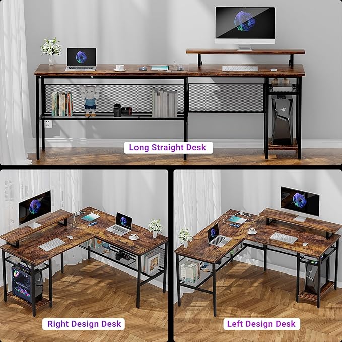 L Shaped Computer Desk, Reversible Office Desk with Magic Power Outlet and Smart LED Light, Sturdy Corner Desk with Monitor Stand, Cool Gaming Table, Attractive Grid Design, Rustic Brown - LeafyLoom