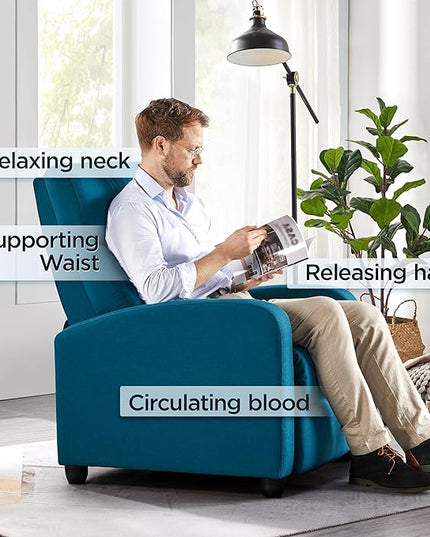 Yaheetech Fabric Recliner Sofa Modern Single Recliner Sofa Home Theater Seating with Thick Seat Cushion, Backrest and Pocket Spring, Blue - LeafyLoom