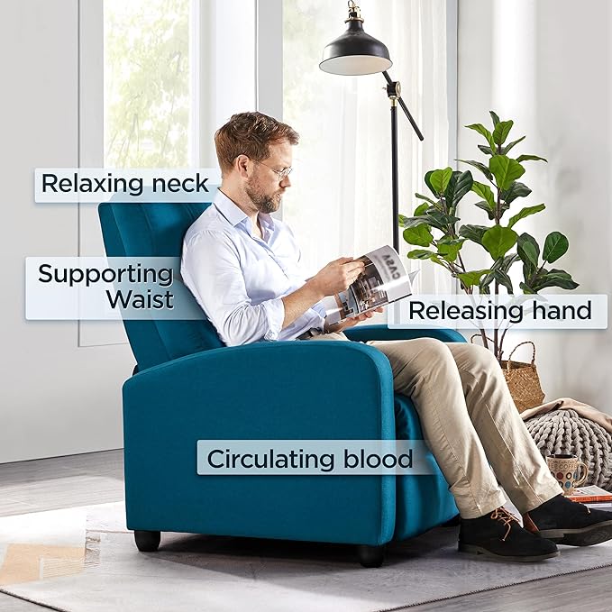 Yaheetech Fabric Recliner Sofa Modern Single Recliner Sofa Home Theater Seating with Thick Seat Cushion, Backrest and Pocket Spring, Blue - LeafyLoom