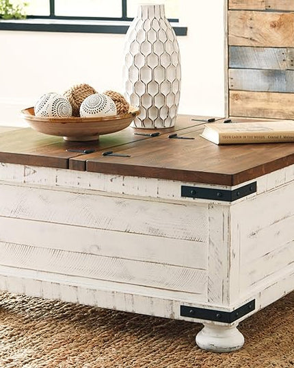 Signature Design by Ashley Wystfield Farmhouse Square Storage Coffee Table with Hinged Lift Top, Distressed White - LeafyLoom