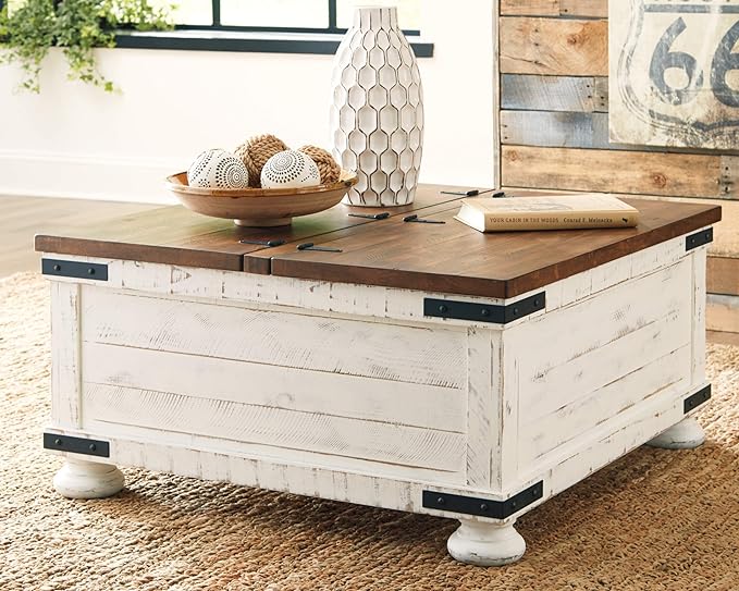 Signature Design by Ashley Wystfield Farmhouse Square Storage Coffee Table with Hinged Lift Top, Distressed White and End Table with Storage, Distressed White & Brown Finish - LeafyLoom