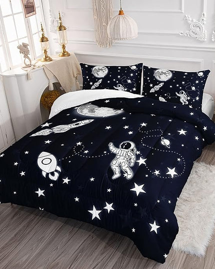 Datura home Kids Comforter Set Astronaut Space Rocket Printed Pattern Quilt Bedding Set with 1 Comforter and 2 Pillowcases for Girls Bedroom All Season(Space Rocket Full), Full 80x90inches - LeafyLoom