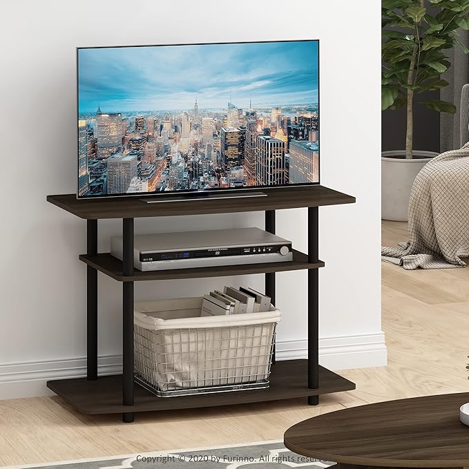 Furinno Turn-N-Tube No Tools 3-Tier Entertainment Center TV Stand for TV up to 32 Inch, Plastic Round Tubes, Dark Brown/Black - LeafyLoom