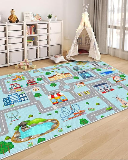 Kids Car Rug, 5x7 City Life Traffic Road Playmat for Toy Cars Trains, Non-Slip Race Track Carpet Educational Fun Area Rugs for Boy and Girl Bedroom Nursery - LeafyLoom