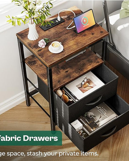 Nightstands Set of 2, End Tables with Charging Station, Side Tables with Fabric Drawers, Bedside Tables with USB Ports and Outlets, Night Stands for Bedroom, Rustic Brown and Black - LeafyLoom