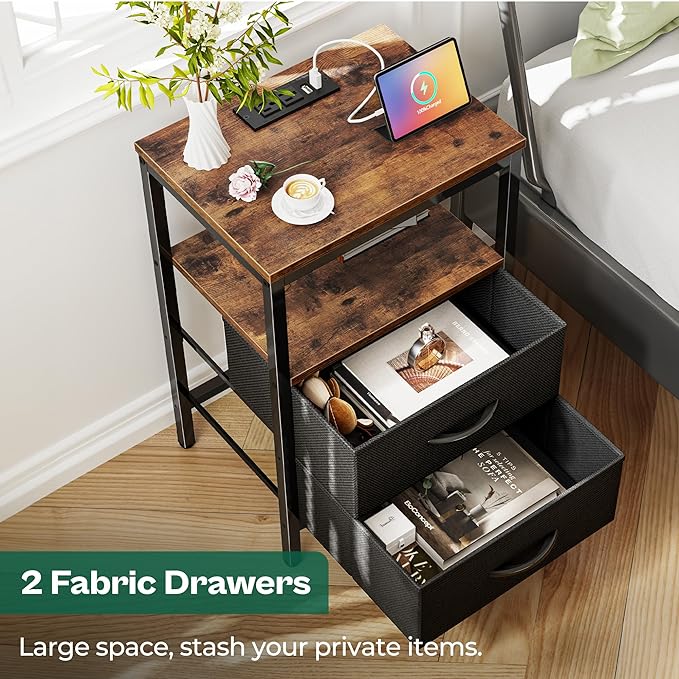 Nightstand with Charging Station, Side Table with Fabric Drawers, End Table with Open Shelf, Bedside Table with USB Ports and Outlets, Night Stand for Bedroom, Rustic Brown and Black - LeafyLoom