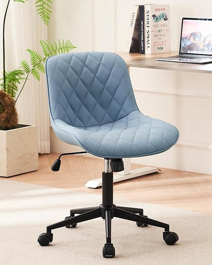 YOUNUOKE Office Chair Desk Chair with Wheels, Thick Upholstery Armless Computer Chair, Small Cute Office Chair Faux Leather Swivel Desk Chairs Task Chairs, Blue - LeafyLoom