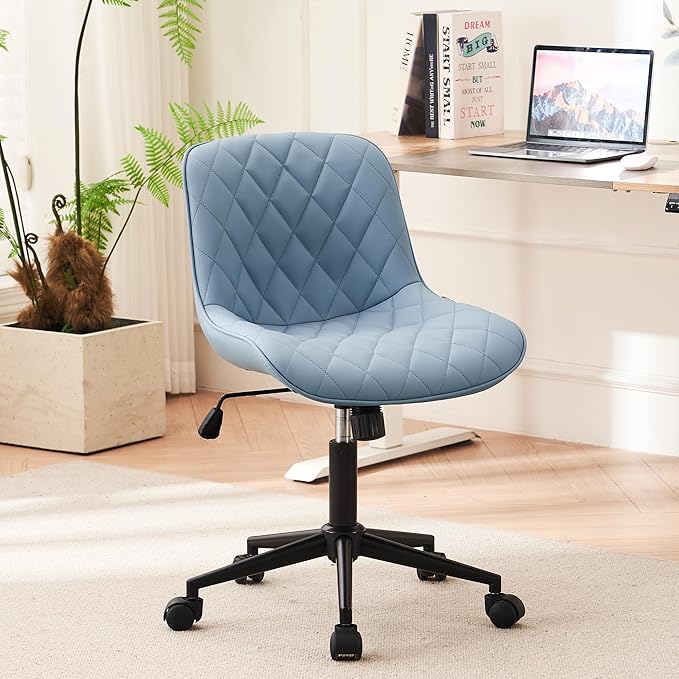 YOUNUOKE Office Chair Desk Chair with Wheels, Thick Upholstery Armless Computer Chair, Small Cute Office Chair Faux Leather Swivel Desk Chairs Task Chairs, Blue - LeafyLoom