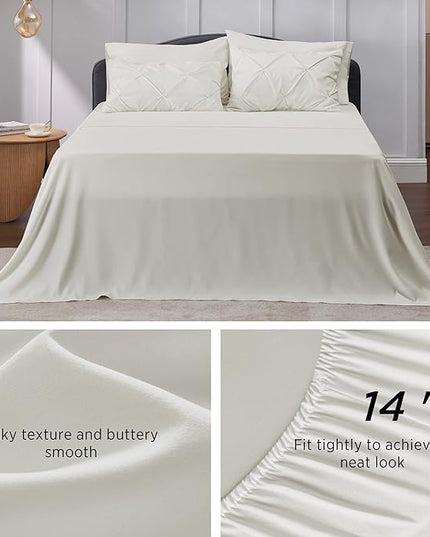 Bedsure King Size Comforter Set - Bedding Set King 7 Pieces, Pintuck Bed in a Bag Ivory Bed Set with Comforter, Sheets, Pillowcases & Shams - LeafyLoom