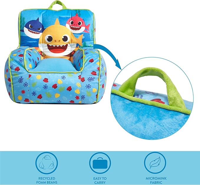 Idea Nuova Baby Shark Kids Mink Plush Bean Bag Chair with Piping & Top Carry Handle, Large - LeafyLoom