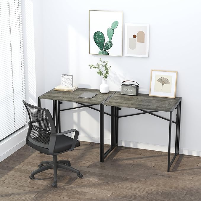 32 inch Small Folding Desk, Writing Gaming Computer Camping Desk for Small Spaces, No Assembly Required Home Office Desk, Black Oak - LeafyLoom