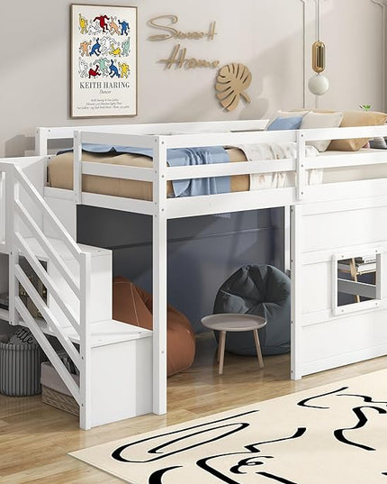 Twin Size Low Loft Bed with Storage Staircase,Kids Loft Bed Twin with Window,Space-Saving Low Loft Bed Frame for for Teens, Boys, Girls,White - LeafyLoom