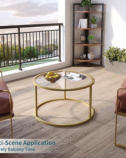 SAYGOER Small Glass Coffee Table Round Gold Coffee Table for Small Space Modern Simple Center Table with Gold Frame for Living Room Home Office, Easy Assembly - LeafyLoom