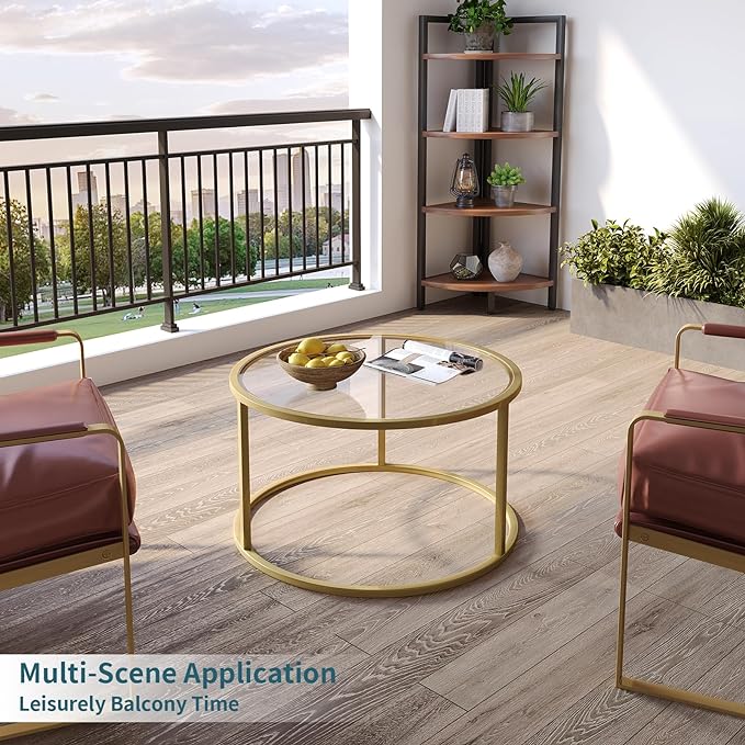 SAYGOER Small Glass Coffee Table Round Gold Coffee Table for Small Space Modern Simple Center Table with Gold Frame for Living Room Home Office, Easy Assembly - LeafyLoom