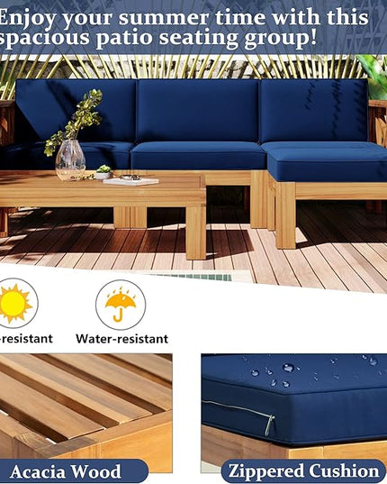 5-Piece Outdoor Patio Furniture Sectional Sets, Wooden L-shaped Corner Sofa Seating with Tea Table and Removable, Backyard Gardern Deck, Natural Finish+ Blue Cushions - LeafyLoom