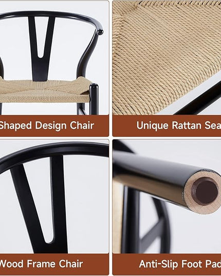 Farini Wishbone Chairs for Dining Room Solid Wood Rattan Chair Armchairs Y Shaped Backrest Hemp Seat for Home Restaurant Fully-Assembled(Set of 2,Black-Beige Seat) - LeafyLoom