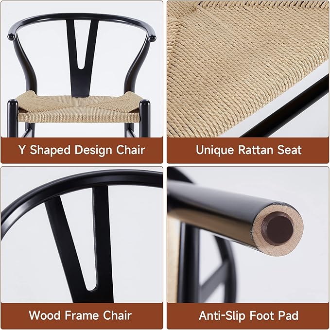Farini Wishbone Chairs for Dining Room Solid Wood Rattan Chair Armchairs Y Shaped Backrest Hemp Seat for Home Restaurant Fully-Assembled(Set of 2,Black-Beige Seat) - LeafyLoom
