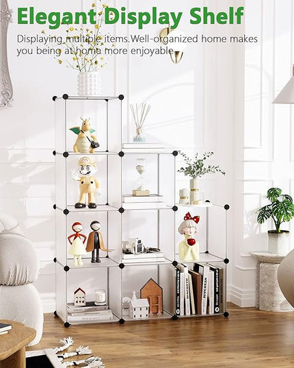 C&AHOME Cube Storage, 9-Cube Plastic Closet Cabinet Organizer, DIY Stackable Bookshelf, Modular shelving Units Ideal for Home, Office, Kids Room, 36.6"L x 12.4" W x 48.4" H Translucent White SBTM3009A - LeafyLoom