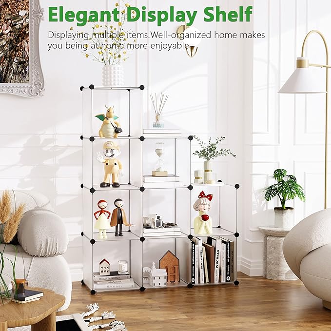 C&AHOME Cube Storage, 9-Cube Plastic Closet Cabinet Organizer, DIY Stackable Bookshelf, Modular shelving Units Ideal for Home, Office, Kids Room, 36.6"L x 12.4" W x 48.4" H Translucent White SBTM3009A - LeafyLoom