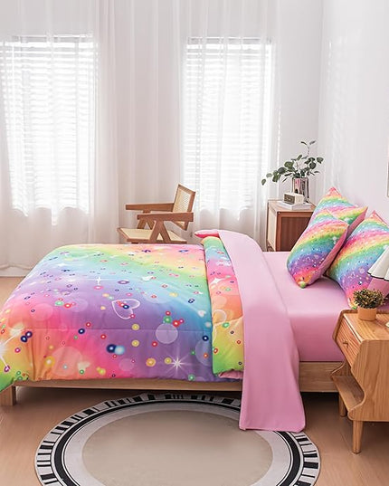 Full Size Comforter Sets for Girls, Kids Bedding Sets for Girls, Rainbow Comforter Full, 6 Pcs Bed in a Bag Girls (1Comforter, 1Flat Sheet, 1Fitted Sheet, 1 Pillow Cover, 2Pillowcases) - LeafyLoom