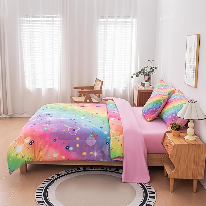 Full Size Comforter Sets for Girls, Kids Bedding Sets for Girls, Rainbow Comforter Full, 6 Pcs Bed in a Bag Girls (1Comforter, 1Flat Sheet, 1Fitted Sheet, 1 Pillow Cover, 2Pillowcases) - LeafyLoom
