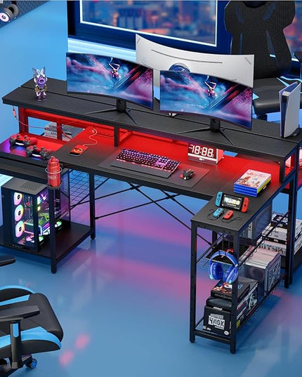 Bestier Gaming Desk with Power Outlet, 71.5 inch LED Computer Desk with Monitor Stand, L Shaped Large Desk with Metal Shelf, Cup Holder & Headset Hooks, Corner Desk for Bedroom 3D Carbon Fiber - LeafyLoom