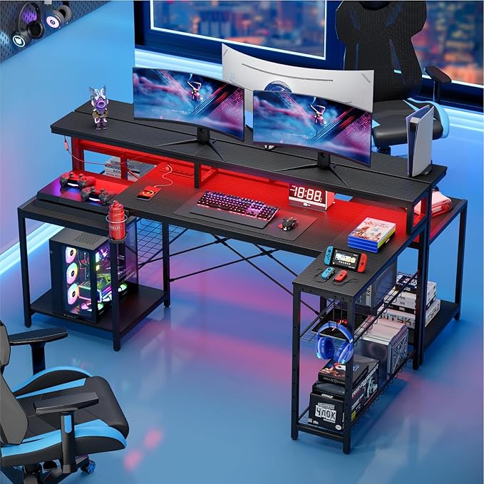 Bestier Gaming Desk with Power Outlet, 71.5 inch LED Computer Desk with Monitor Stand, L Shaped Large Desk with Metal Shelf, Cup Holder & Headset Hooks, Corner Desk for Bedroom 3D Carbon Fiber - LeafyLoom