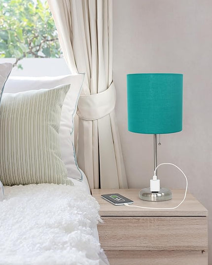 Simple Designs LT1144-TEL Sleek and Slender Brushed Steel Table Lamp with Charging Outlet, for Bedroom, Living Room, Entryway, Office, Dining Room, Study, Teal Shade - LeafyLoom